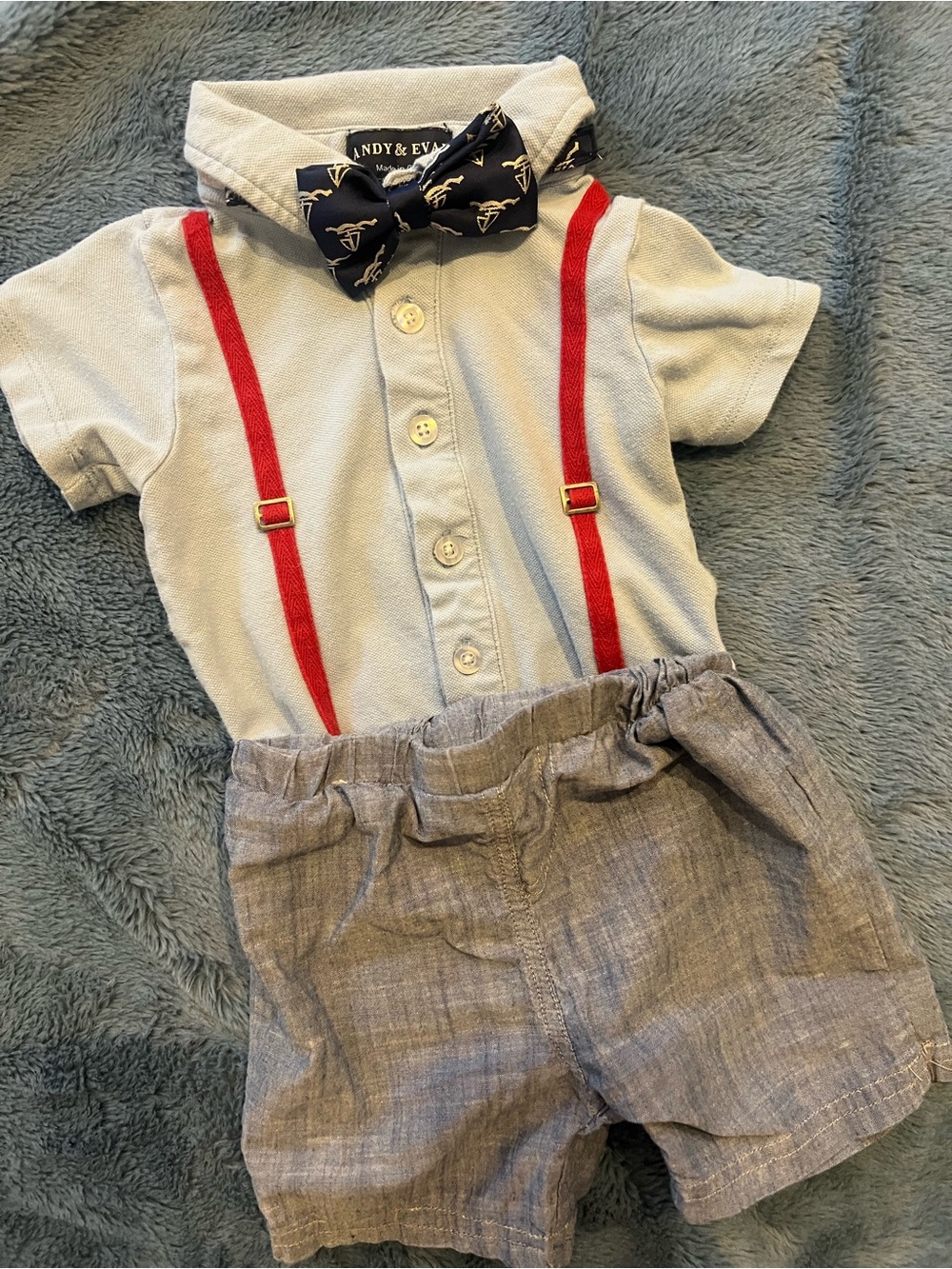 Andy & Evan Light Blue Shirt with Red Suspenders and Navy Patterned Bow Tie